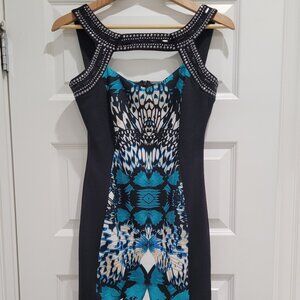 Like New Studded Blue and Black Patterned Dress. Size 4.
